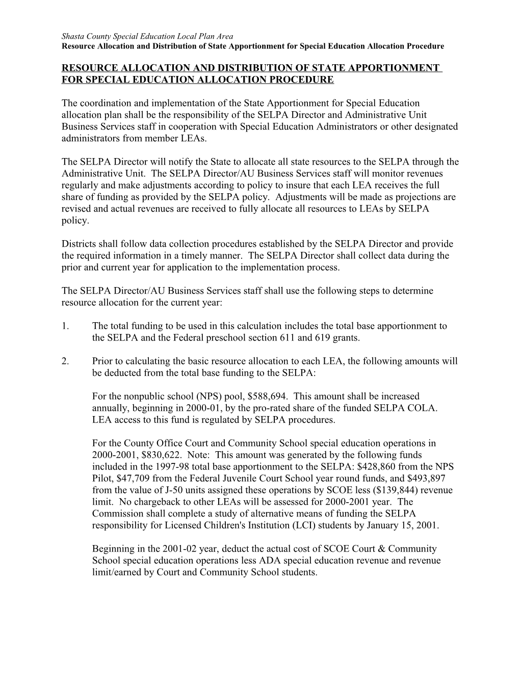 Resource Allocation and Distribution of State Apportionment for Special Education Allocation