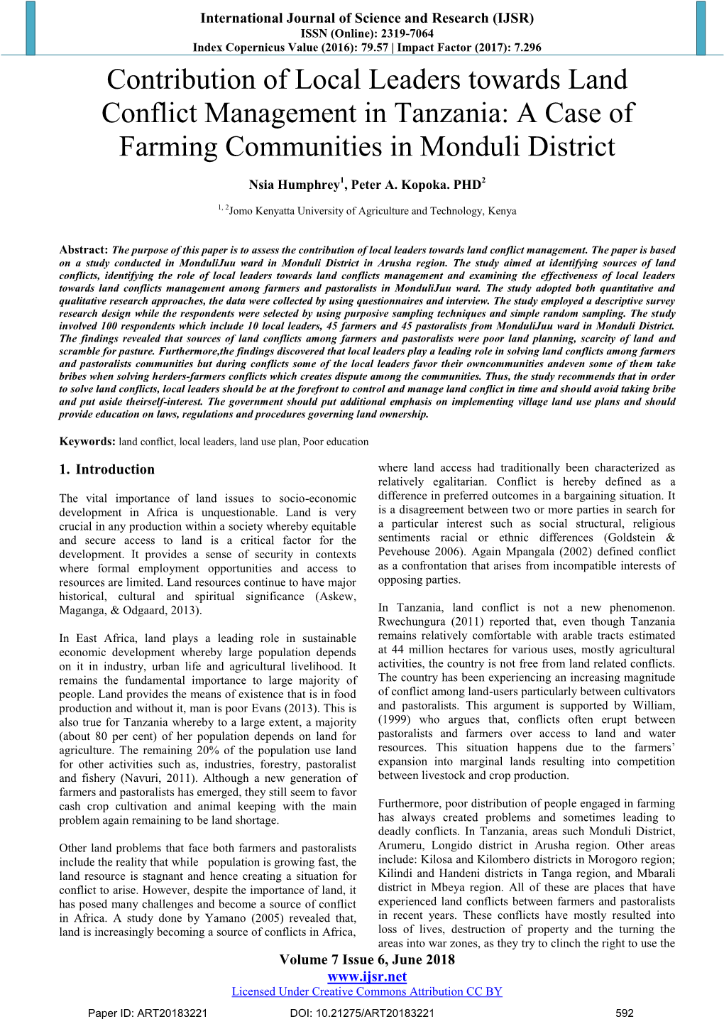 Contribution of Local Leaders Towards Land Conflict Management in Tanzania: a Case of Farming Communities in Monduli District