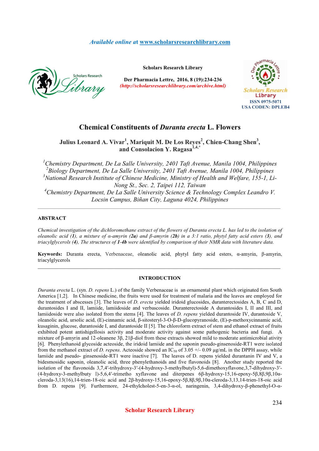 Chemical Constituents of Duranta Erecta L. Flowers