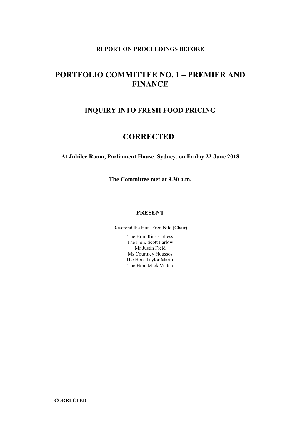 Portfolio Committee No. 1 – Premier and Finance