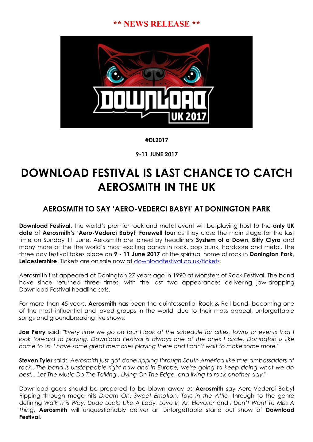 Download Festival Is Last Chance to Catch Aerosmith in the Uk