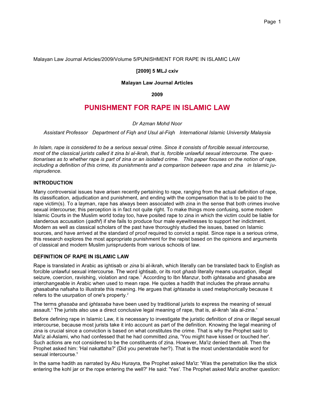 Punishment for Rape in Islamic Law