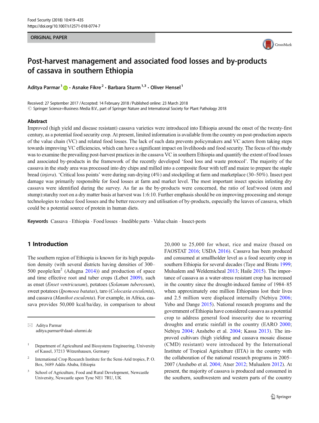 Post-Harvest Management and Associated Food Losses and By-Products of Cassava in Southern Ethiopia