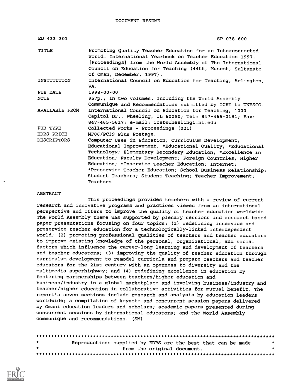 DOCUMENT RESUME Promoting Quality Teacher Education for An