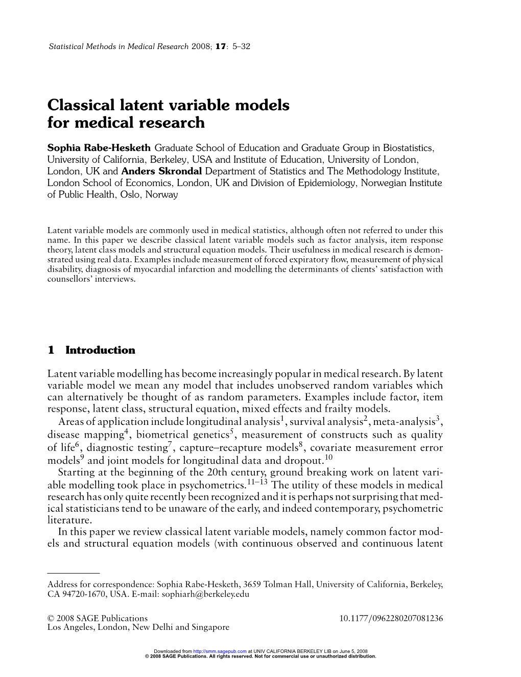 Classical Latent Variable Models for Medical Research