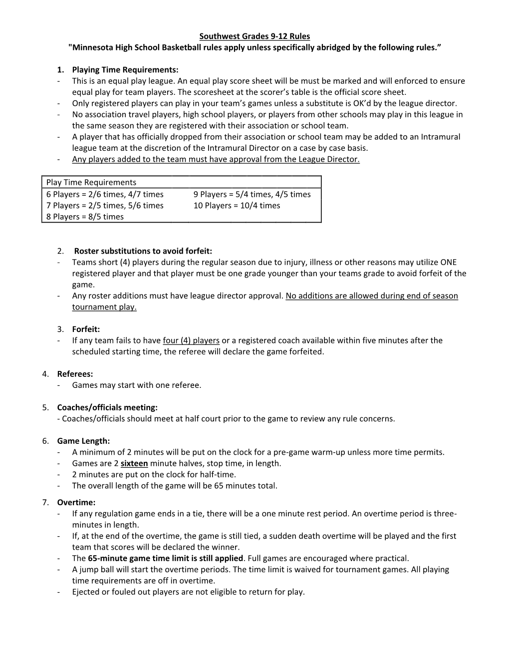 Southwest Grades 9-12 Rules 