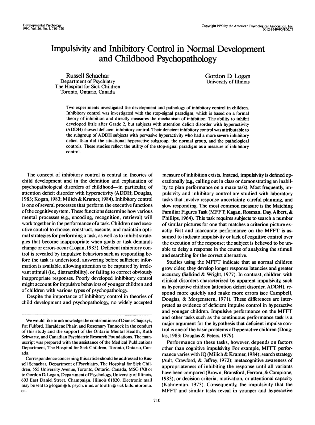 Impulsivity and Inhibitory Control in Normal Development and Childhood Psychopathology