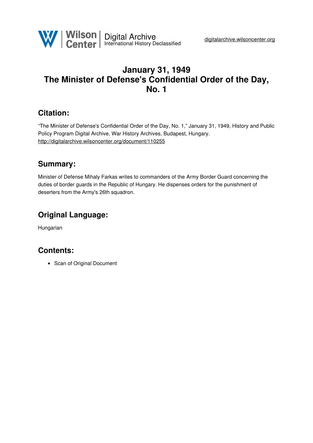 January 31, 1949 the Minister of Defense's Confidential Order of the Day, No