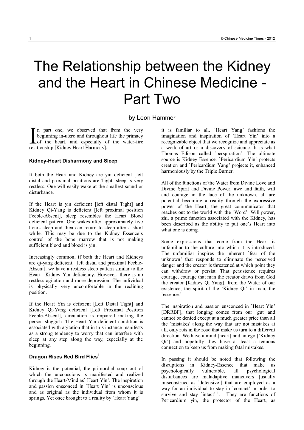 The Relationship Between the Kidney and the Heart in Chinese Medicine - Part Two