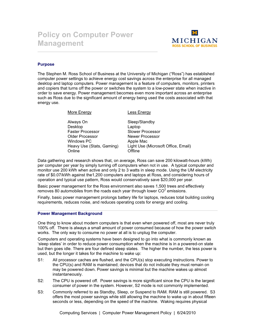 Policy on Computer Power Management