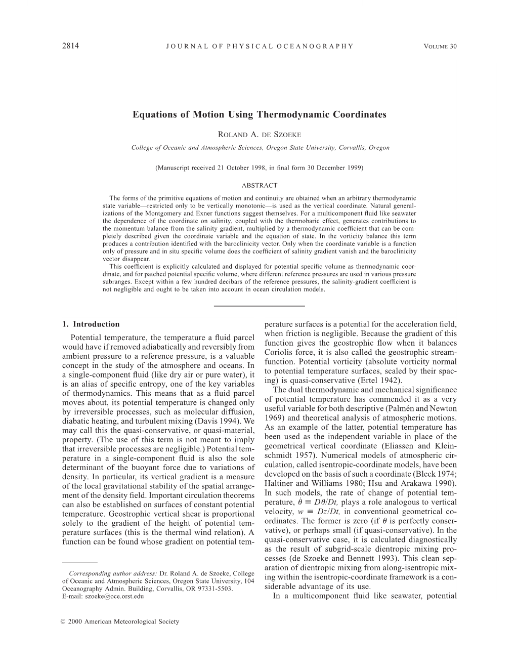 Equations of Motion Using Thermodynamic Coordinates