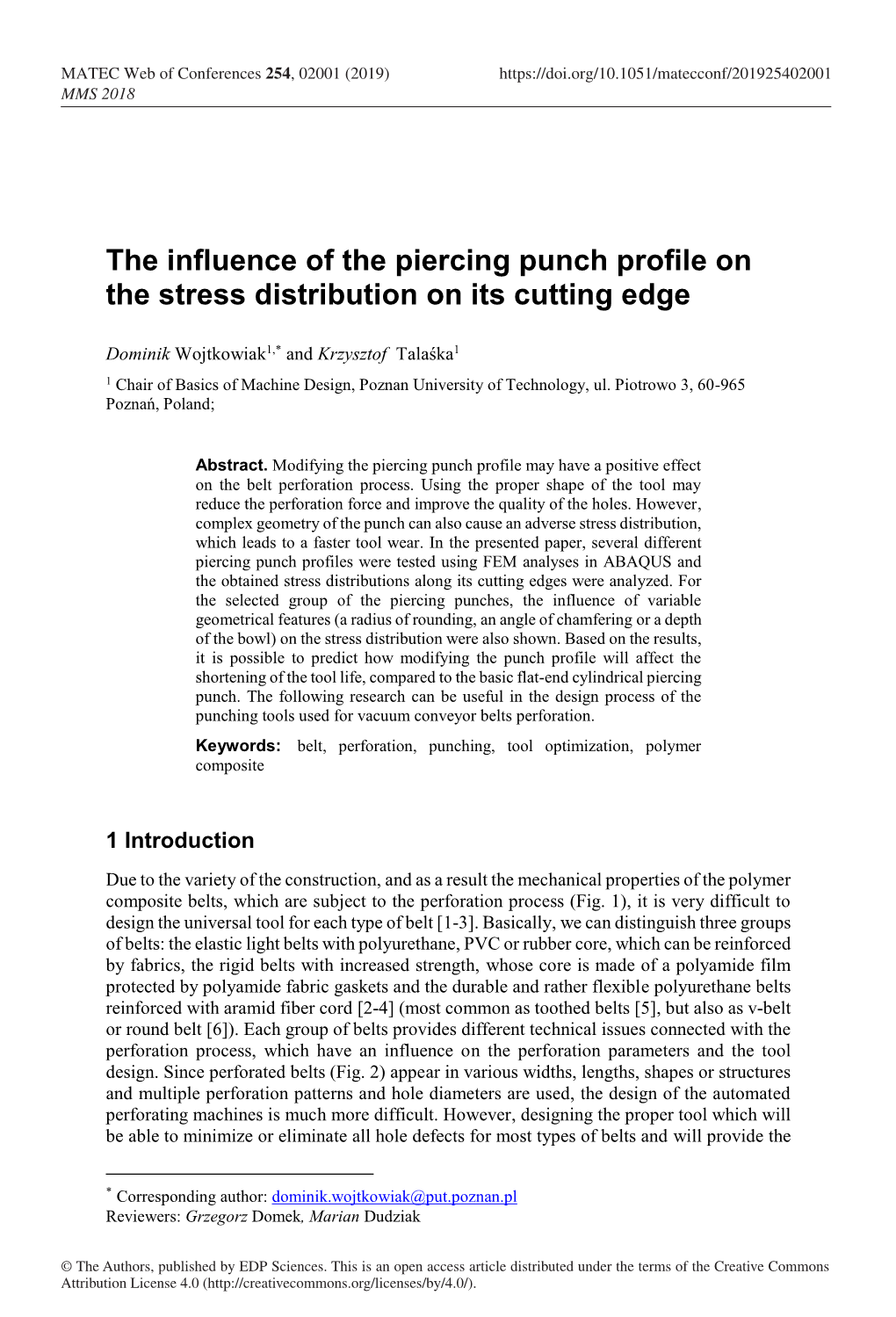 The Influence of the Piercing Punch Profile on the Stress Distribution on Its Cutting Edge