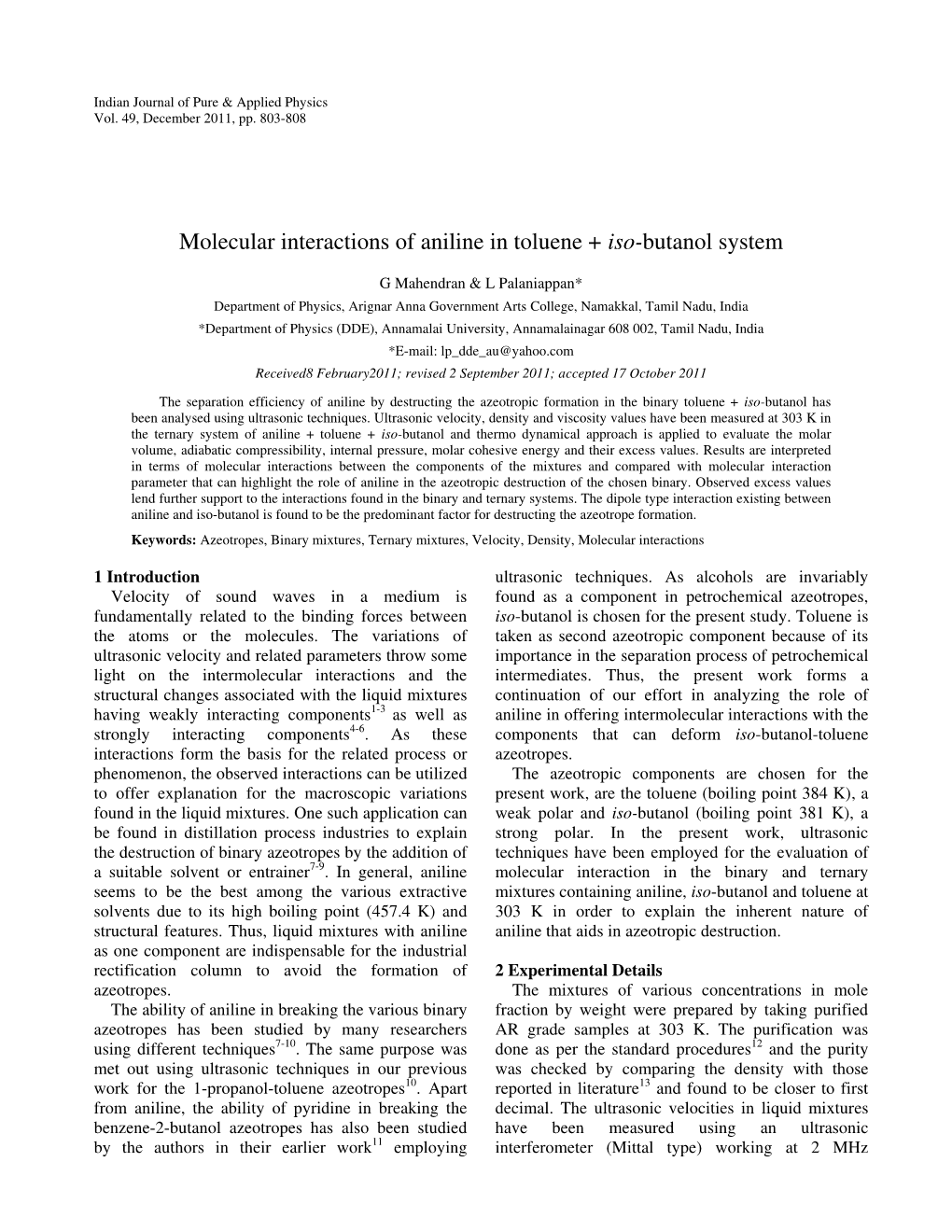 Molecular Interactions of Aniline in Toluene + Iso-Butanol System