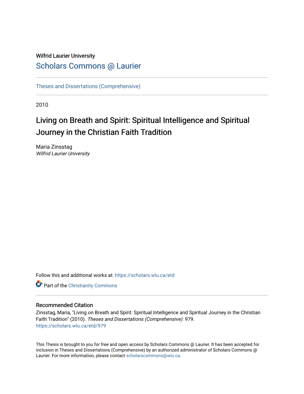 Living on Breath and Spirit: Spiritual Intelligence and Spiritual Journey in the Christian Faith Tradition