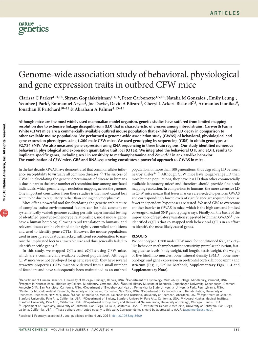 Genome-Wide Association Study of Behavioral, Physiological and Gene Expression Traits in Outbred CFW Mice