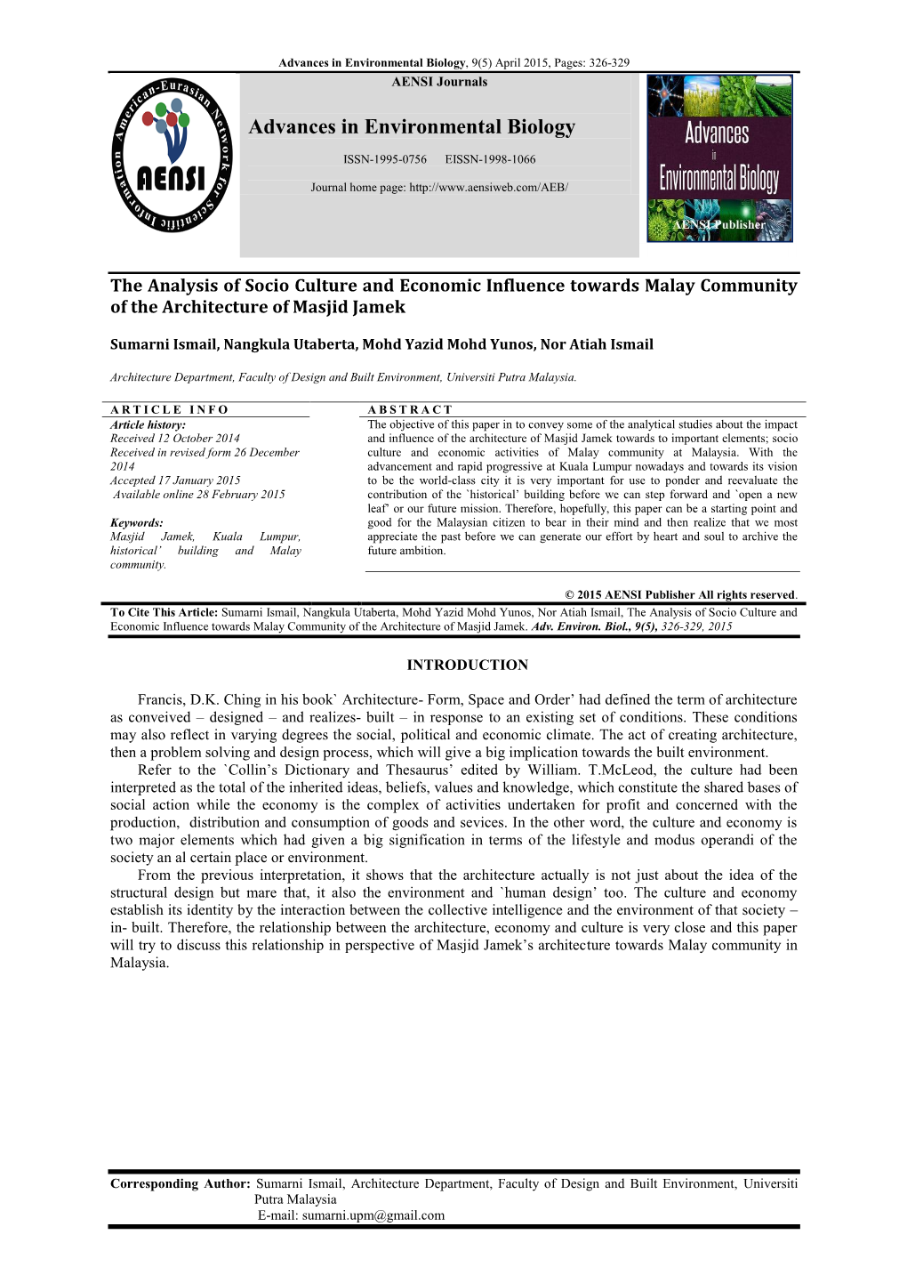 Advances in Environmental Biology, 9(5) April 2015, Pages: 326-329 AENSI Journals