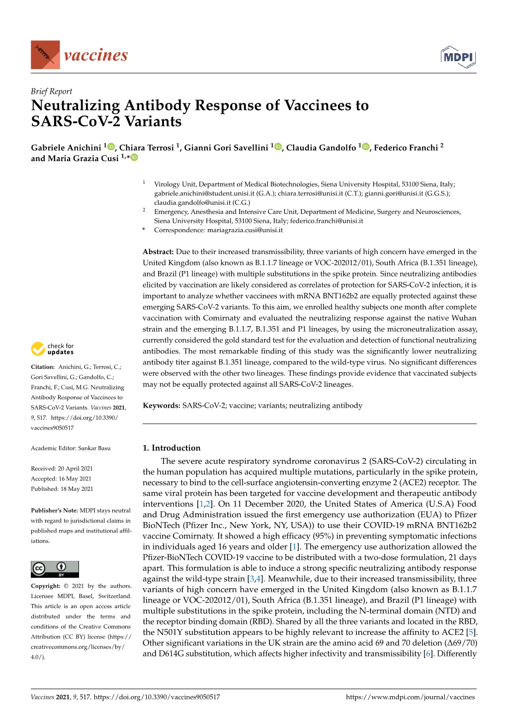 Neutralizing Antibody Response of Vaccinees to SARS-Cov-2 Variants