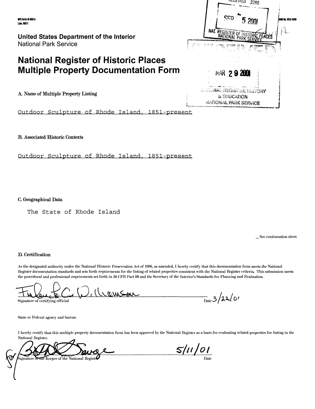 National Register of Historic Places Multiple Property Documentation Form MAR 2 9 2001