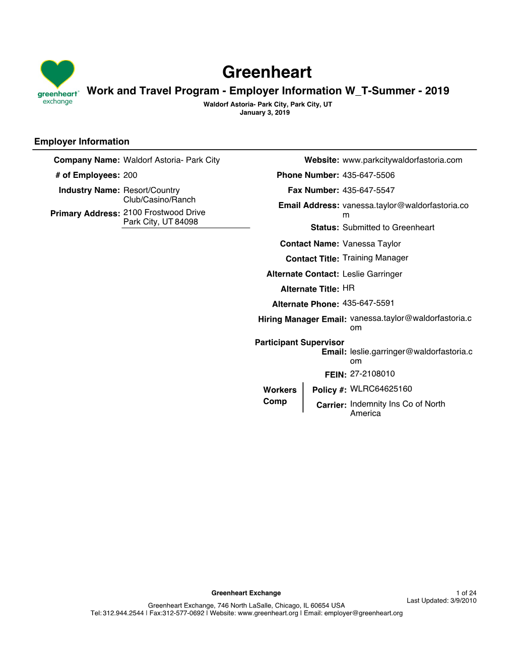 Greenheart Work and Travel Program - Employer Information W T-Summer - 2019 Waldorf Astoria- Park City, Park City, UT January 3, 2019