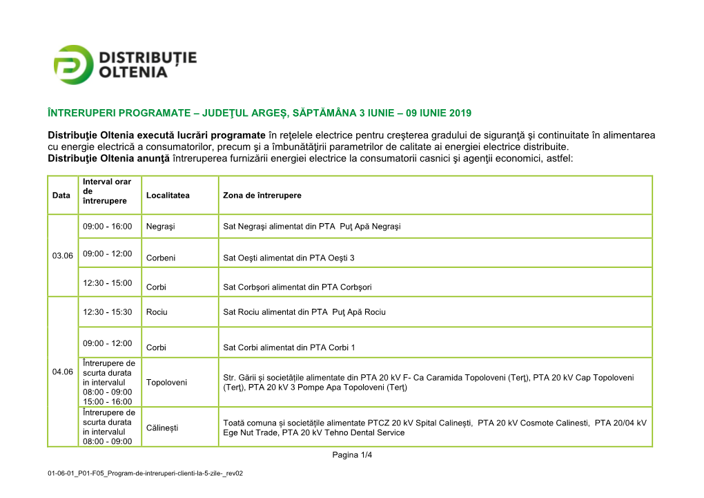 Întreruperi Programate – Judeţul Argeș, Săptămâna 3 Iunie – 09 Iunie 2019