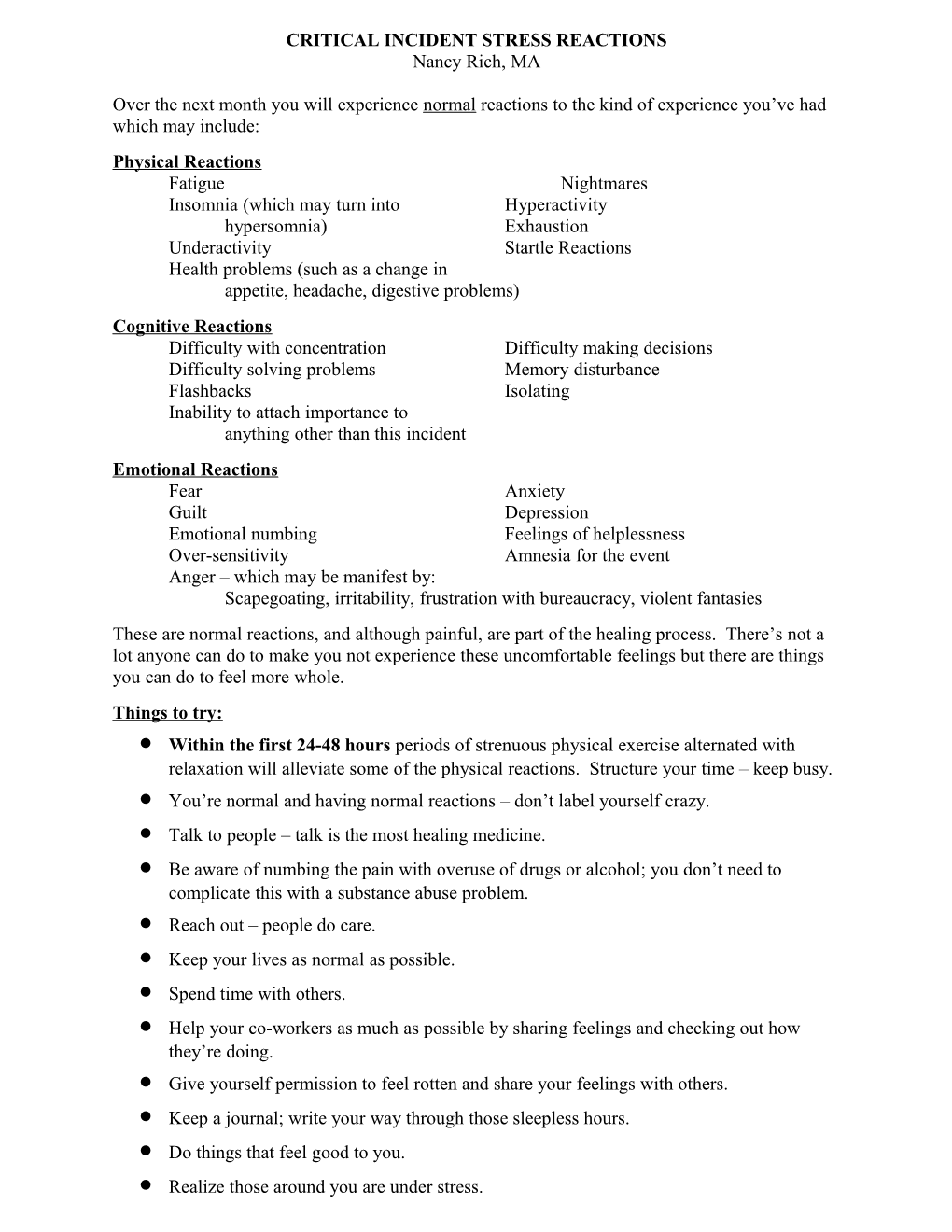 Critical Incident Stress Reactions