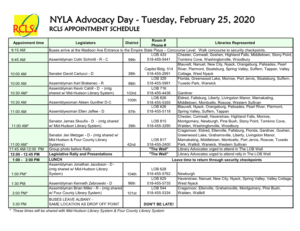 NYLA Advocacy Day - Tuesday, February 25, 2020 RCLS APPOINTMENT SCHEDULE