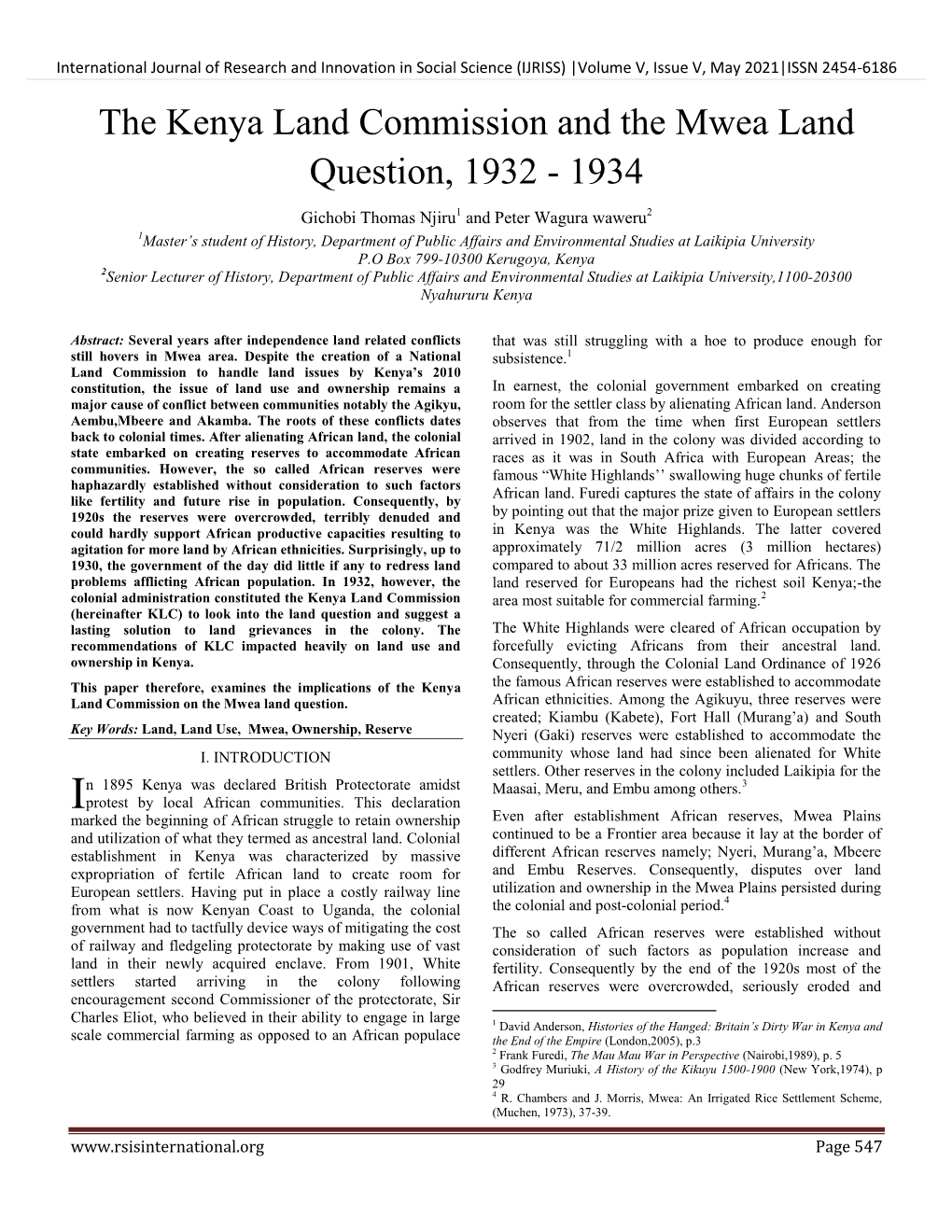 The Kenya Land Commission and the Mwea Land Question, 1932 - 1934