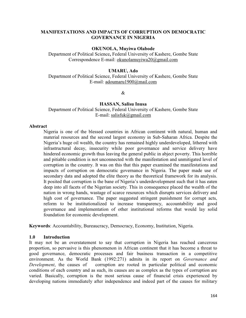 Manifestations and Impacts of Corruption on Democratic Governance in Nigeria