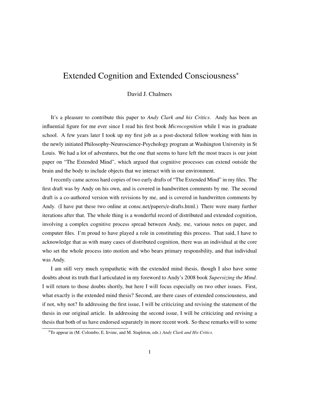 Extended Cognition and Extended Consciousness∗