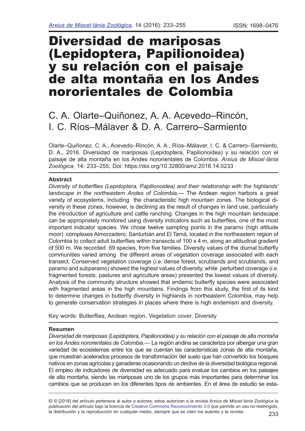 Diversidad De Mariposas (Lepidoptera, Papilionoidea) Y Su Relación Con El Paisaje De Alta Montaña En Los Andes Nororientales De Colombia