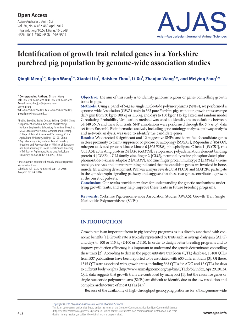 Identification of Growth Trait Related Genes in a Yorkshire Purebred Pig Population by Genome-Wide Association Studies