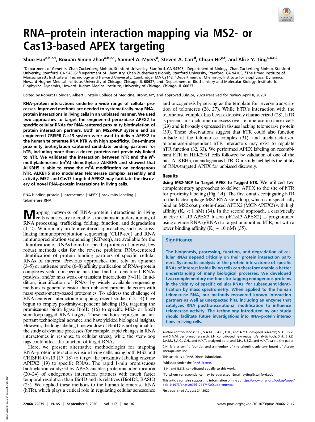 RNA–Protein Interaction Mapping Via MS2- Or Cas13-Based APEX Targeting