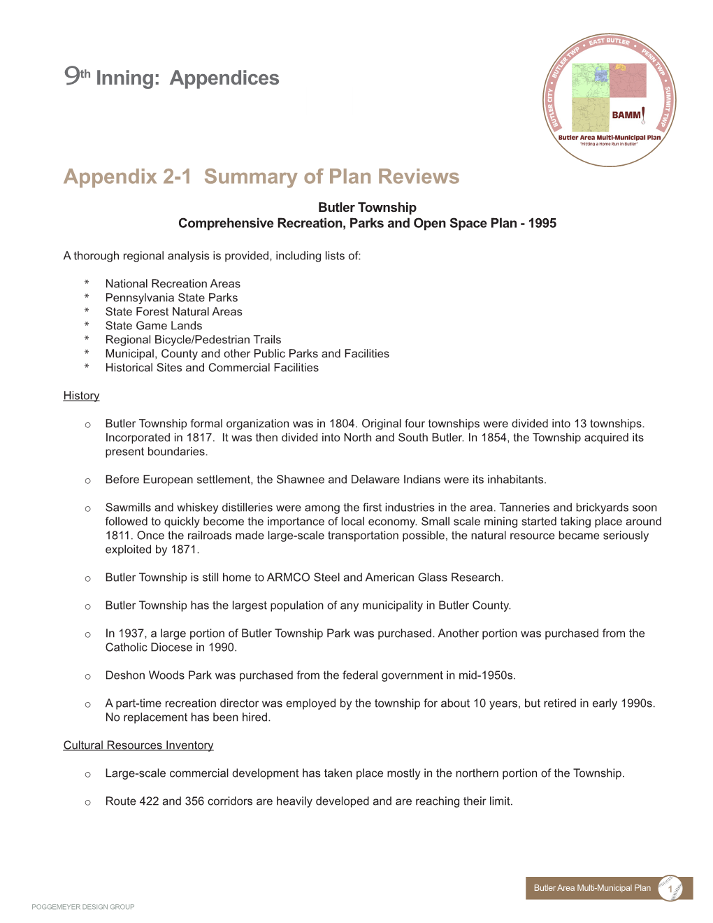 Appendix 2-1 Summary of Plan Reviews Butler Township Comprehensive Recreation, Parks and Open Space Plan - 1995