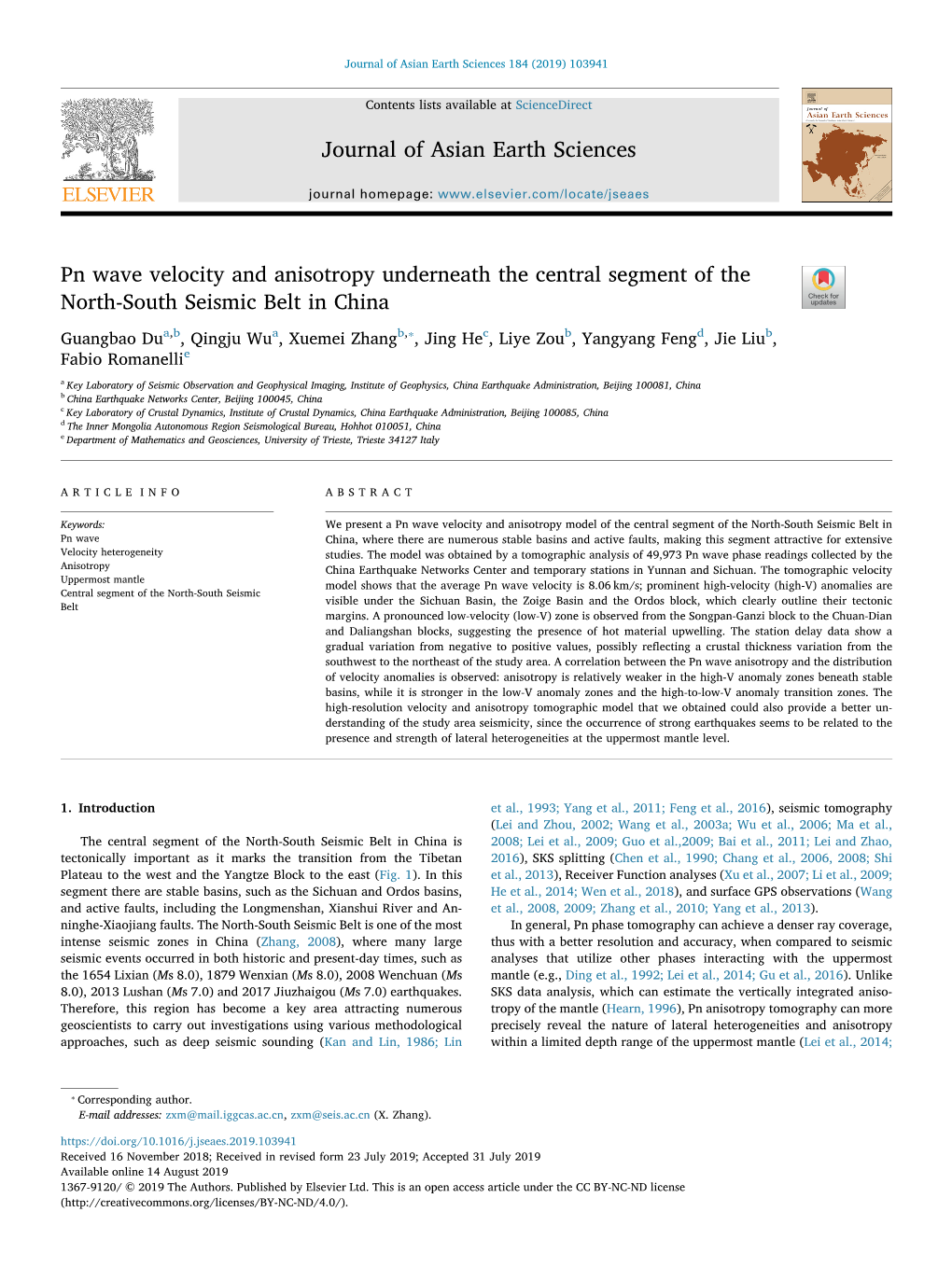 Pn Wave Velocity and Anisotropy Underneath the Central