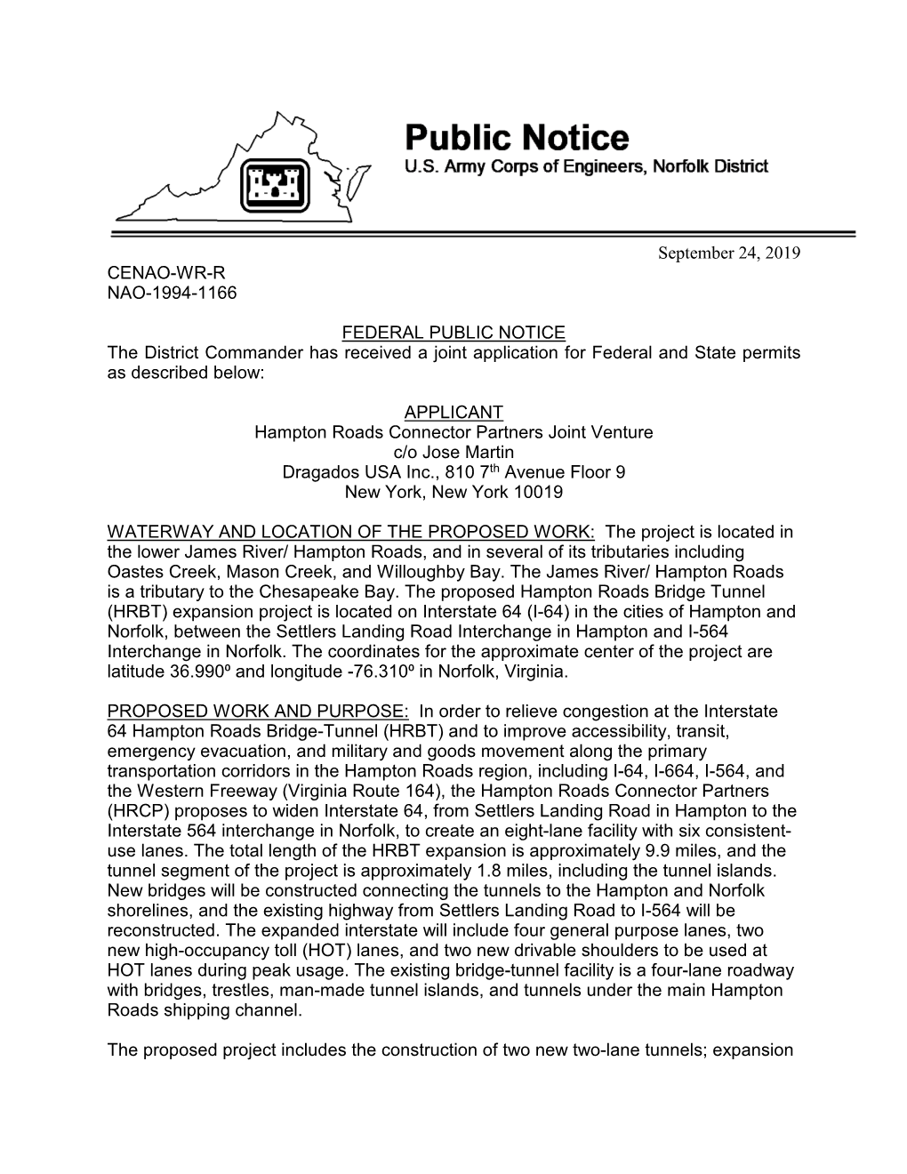 Corps 10 and 404 Public Notice