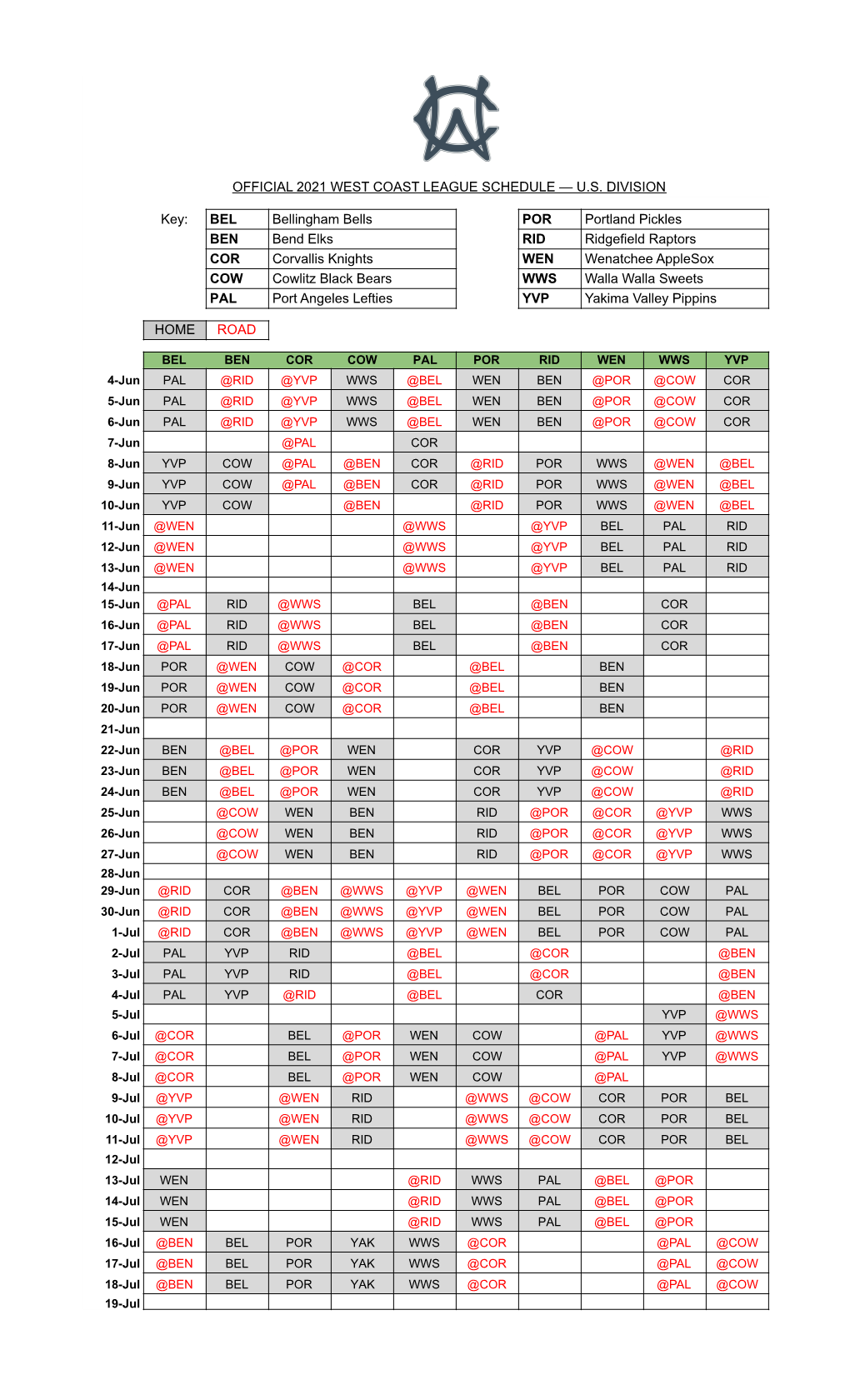 2021 WCL US Division Official Schedule