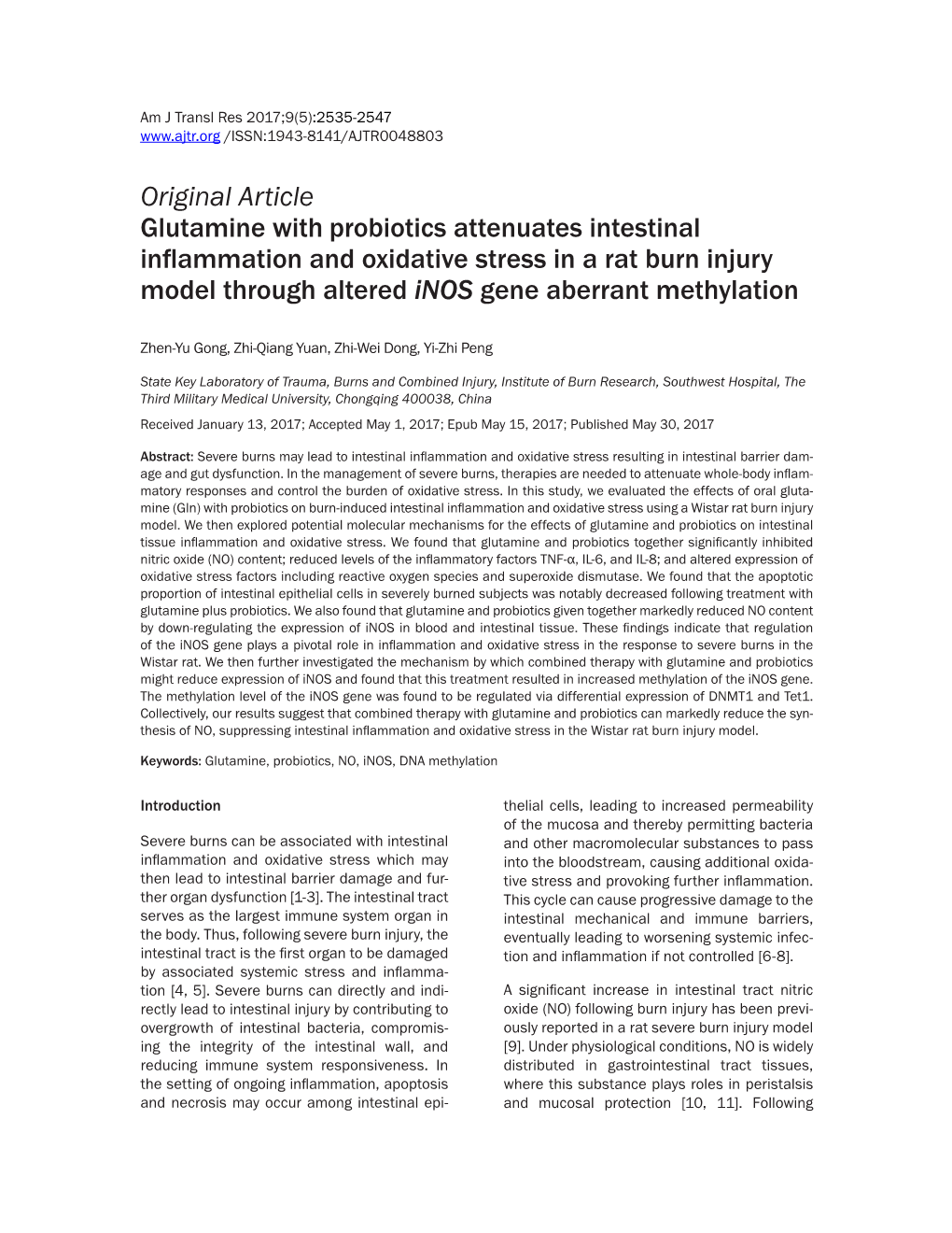 Original Article Glutamine with Probiotics Attenuates Intestinal Inflammation and Oxidative Stress in a Rat Burn Injury Model T