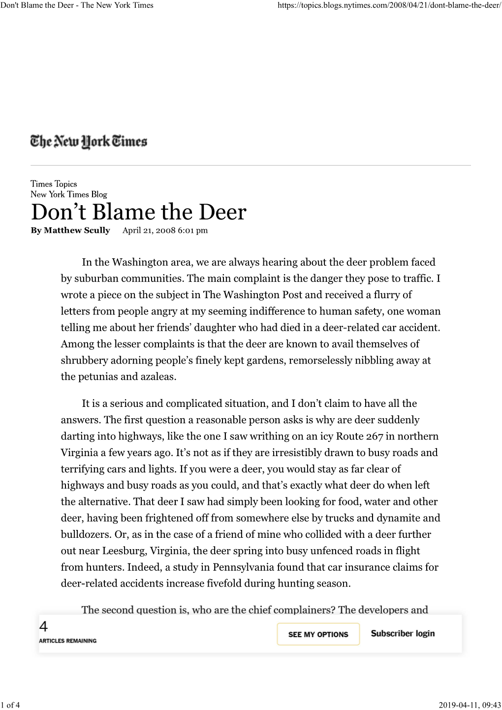 Don't Blame the Deer - the New York Times