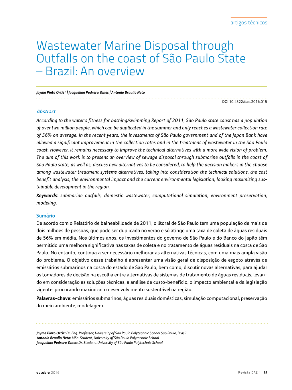 Wastewater Marine Disposal Through Outfalls on the Coast of São Paulo State – Brazil: an Overview