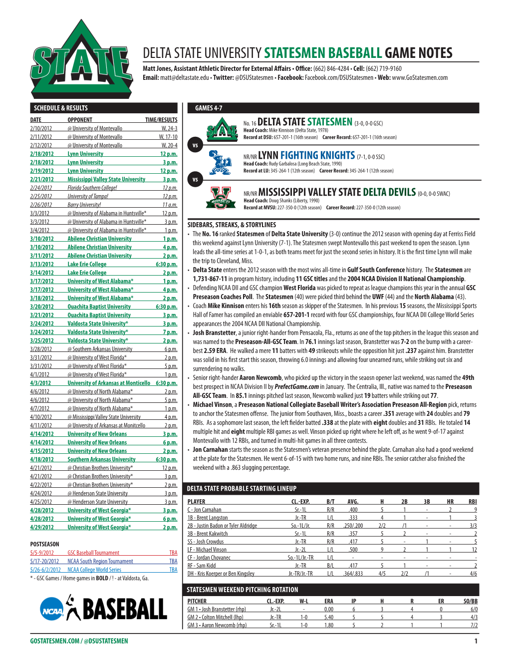 Delta State University Statesmen Baseballgame Notes