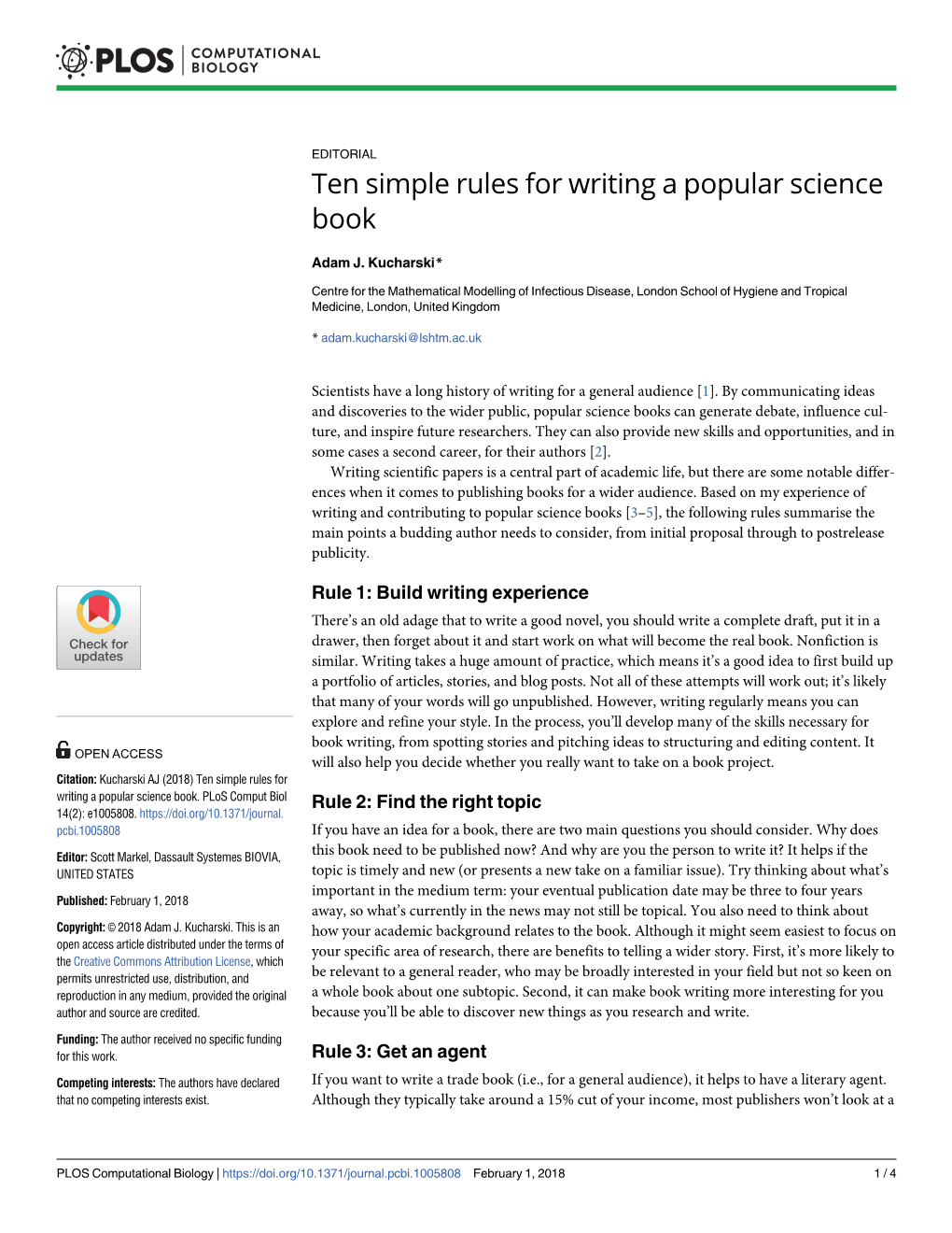 Ten Simple Rules for Writing a Popular Science Book