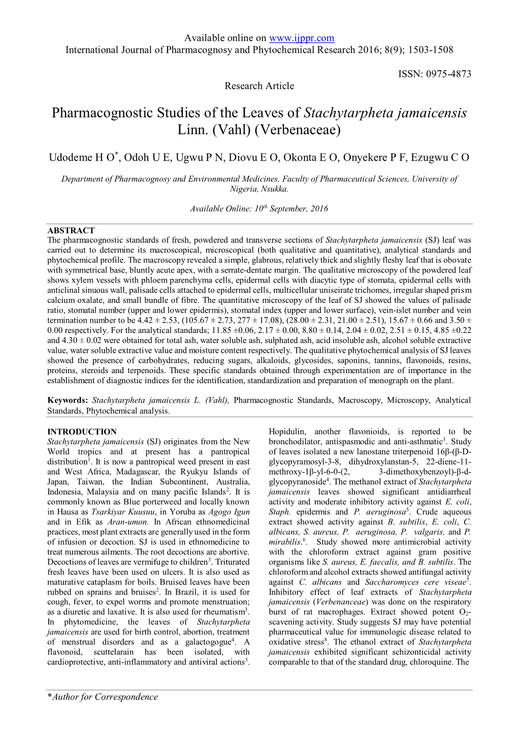 Pharmacognostic Studies of the Leaves of Stachytarpheta Jamaicensis Linn