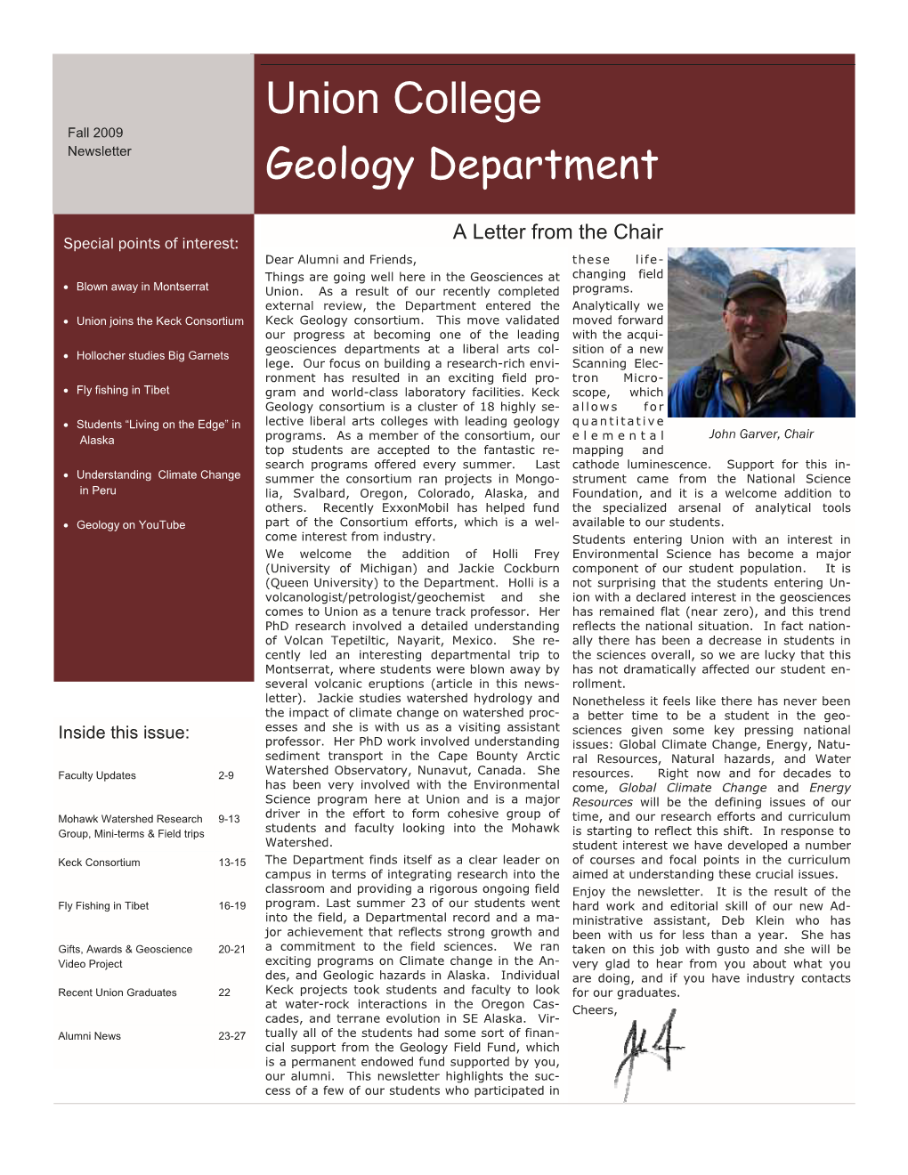 Union College Fall 2009 Newsletter Geology Department