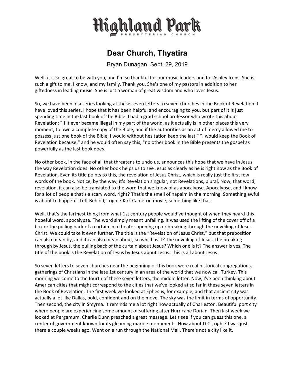 Dear Church, Thyatira Bryan Dunagan, Sept