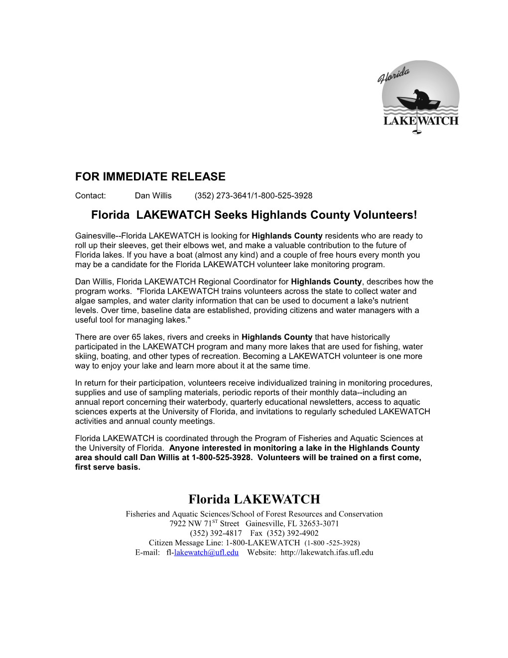 Florida LAKEWATCH Seeks Highlands County Volunteers!