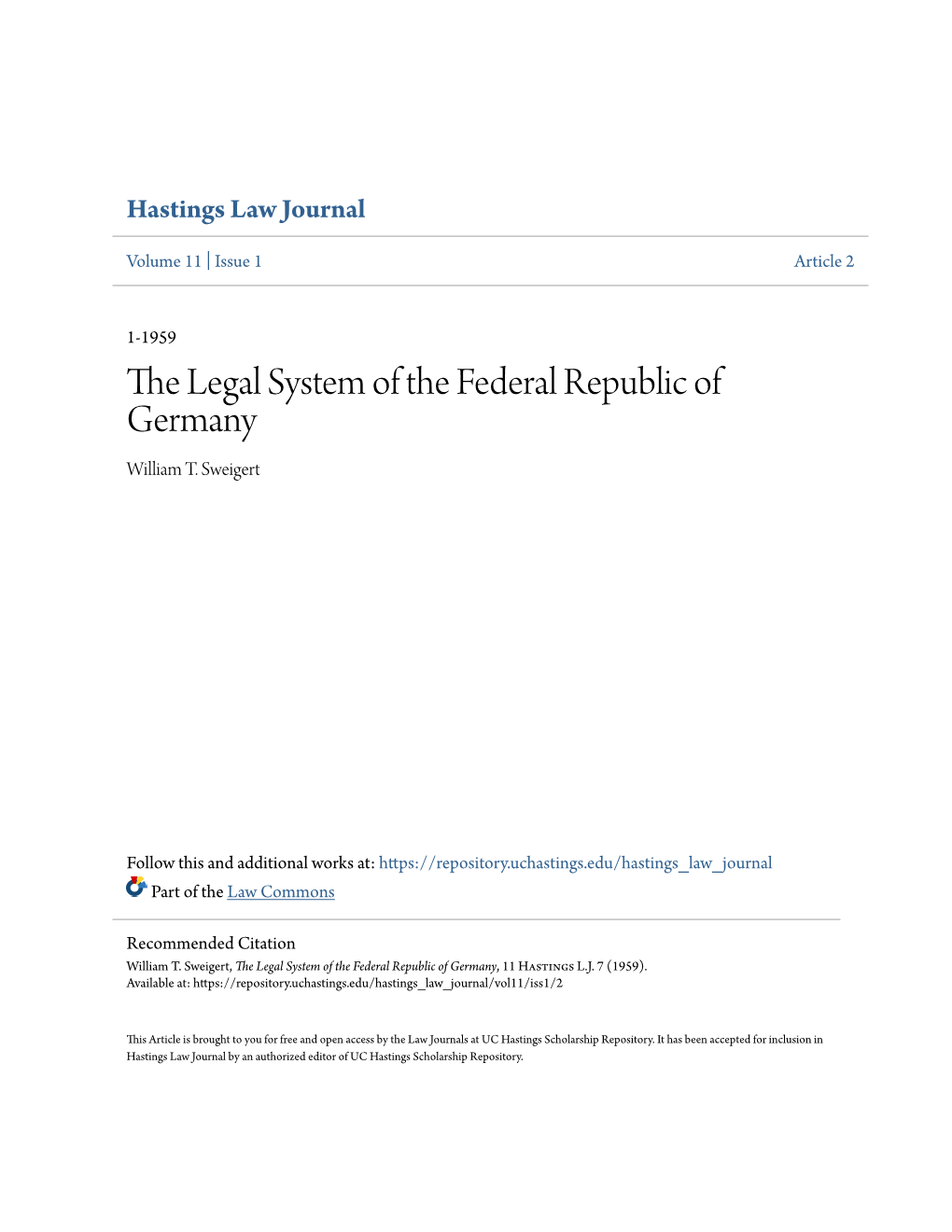 The Legal System of the Federal Republic of Germany William T