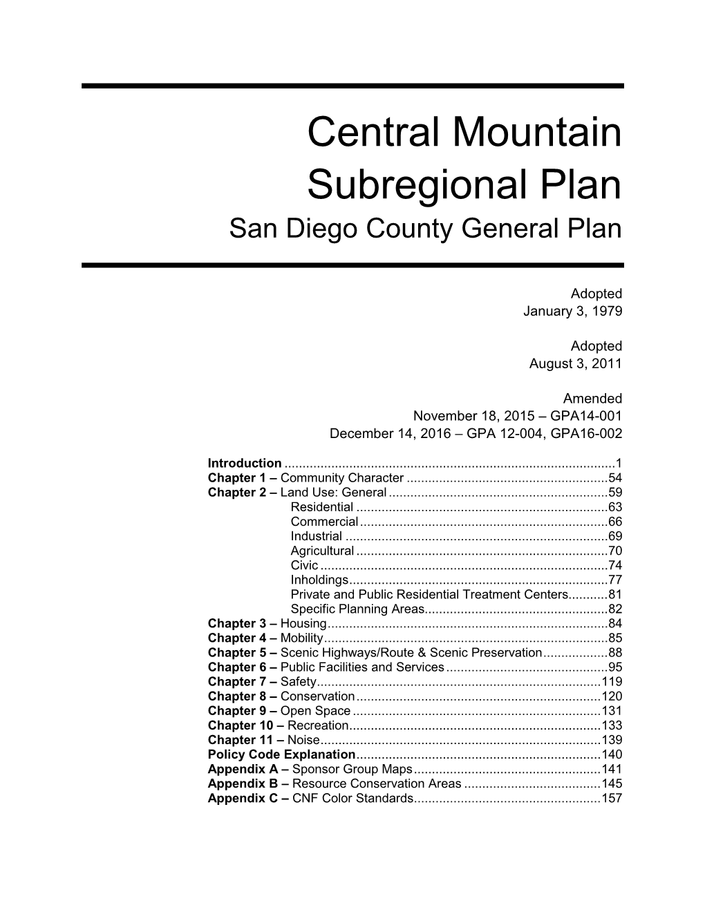 Central Mountain Subregional Plan San Diego County General Plan