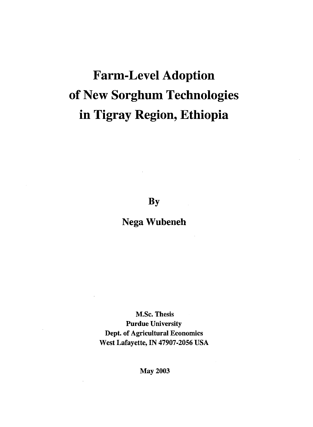 Farm-Level Adoption of New Sorghum Technologies in Tigray Region, Ethiopia