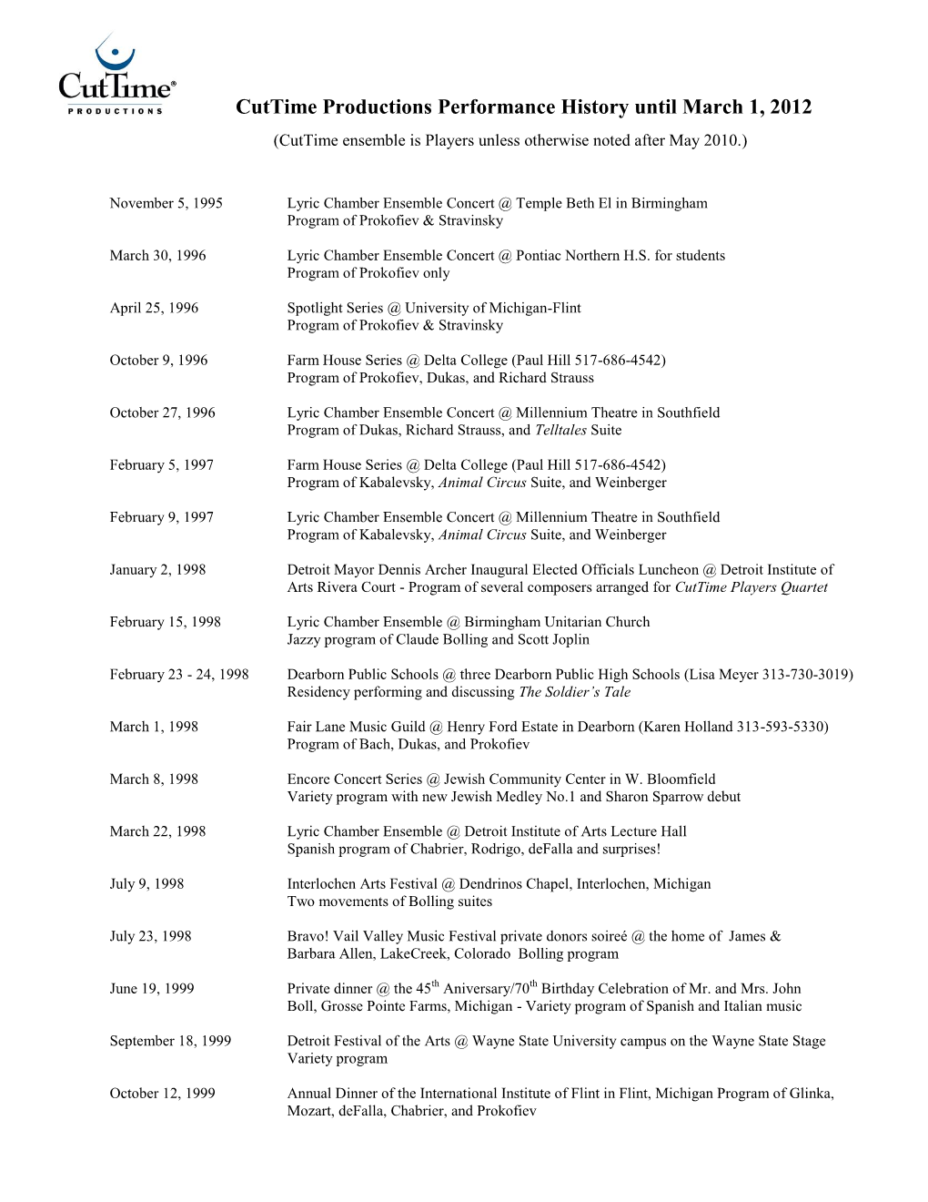 Performance History Until March 1, 2012 (Cuttime Ensemble Is Players Unless Otherwise Noted After May 2010.)