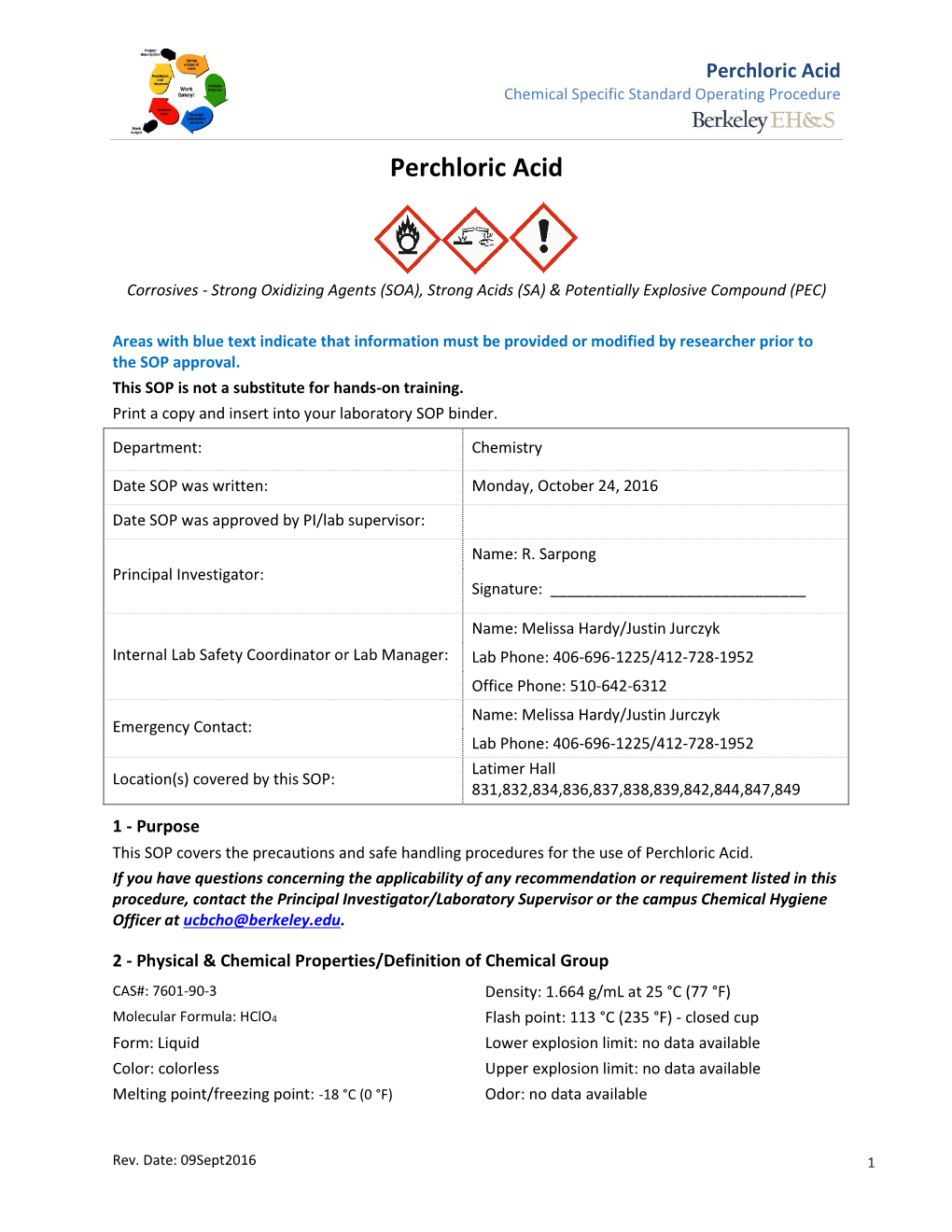 Perchloric Acid Chemical Specific Standard Operating Procedure